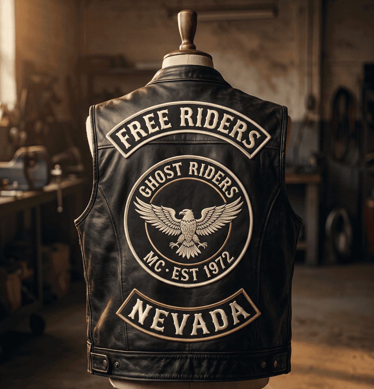 Design render: leather vest, back view, with a three-piece club patch: top rocker, round eagle center patch and bottom rocker