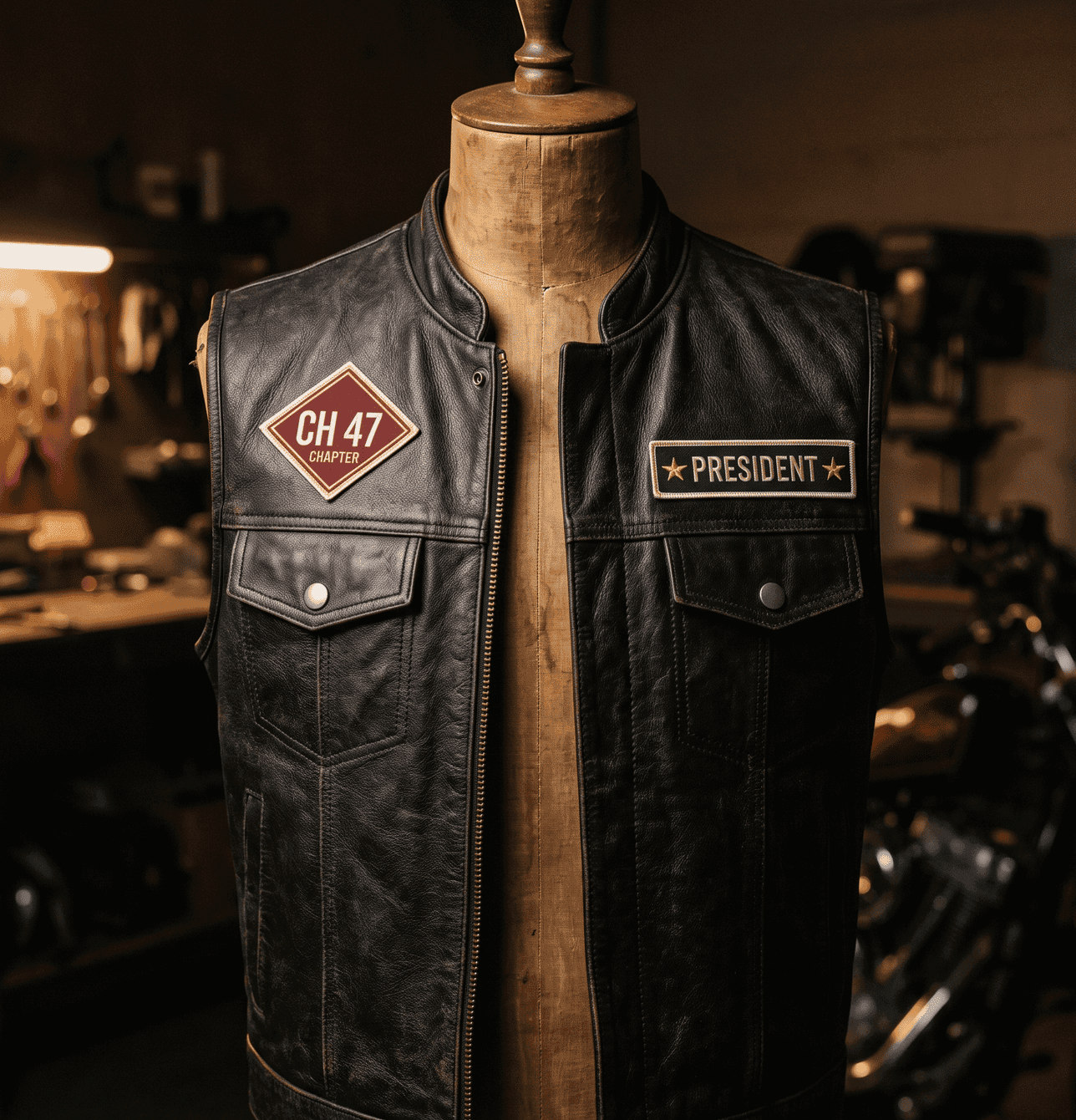 Design render: leather vest, front view, with a diamond chapter patch and a President name tab on the chest