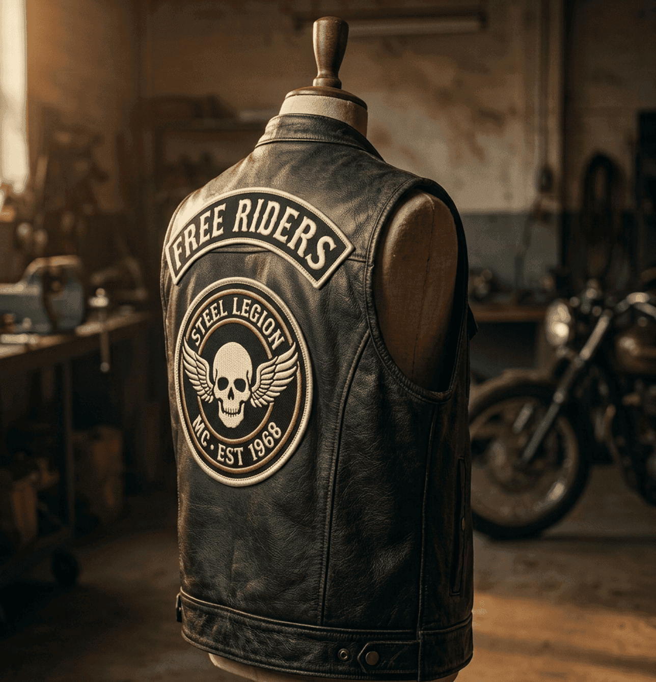 Design render: leather vest, three-quarter view, with a top rocker and a round winged-skull center patch