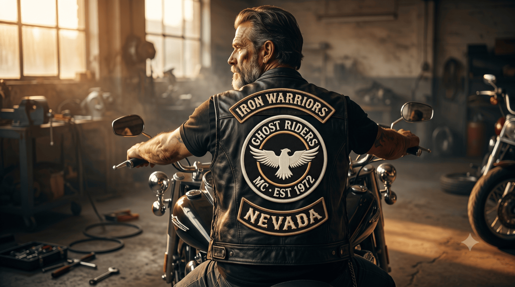 Chartered MC member on his cruiser, wearing a full three-piece back patch on a leather vest